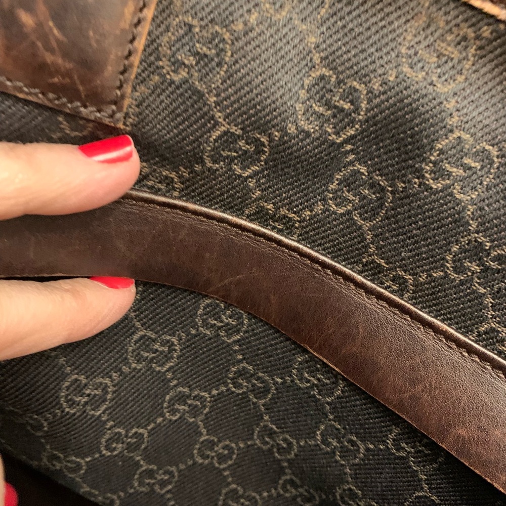Authentic GUCCI Tote BAG Signature GG Canvas Fabric, Brown Leather Trim Purse - Picture 15 of 16